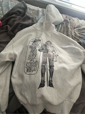 Stussy Gray Crewneck Hoodie with Black Knight Graphic